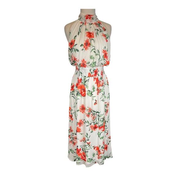 Calvin Klein Floral Print A-Line Halter Dress Chiffon Smocked Waist Tie at Back - Picture 4 of 14